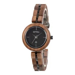 Bewell Women's round Wooden Watch Best Selling New Design with Steel Band Coin Type Buckle Glass Dial Window Wholesale