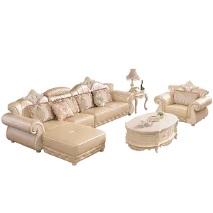 Juego de Sofás Seccionales de Esquina de Cuero Dorado y Madera de Estilo Francés de Lujo, Muebles para Sala de Estar - Product Image 1