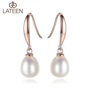 Lucky rose gold plated white pearl bead fashion girls silver 925 drop earrings