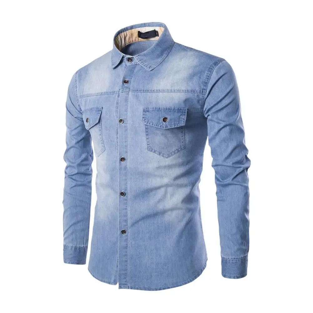 High quality new fashion long sleeve casual cotton soft blank oem logo plain jeans shirts for men