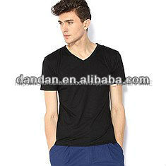 100% coton hommes bon marché plaine noir col v t - shirt à manches courtes - Product Image 1