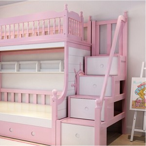 Set Furnitur Tempat Tidur Kamar Tidur, Kayu Solid Romantis Merah Muda Putih Putri Anak-anak Tempat Tidur Tingkat