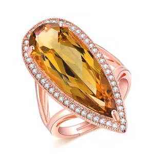 Fine S925 Jewelry 18K Rose Gold Plated Teardrop 10X26mm Pear Cut Natural Citrine Stone Ring RI041