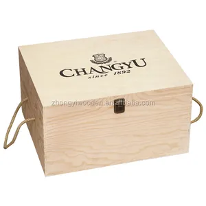 Caja de madera para botellas de vino tinto con asa de cuerda de pino sin terminar, FSC, fábrica de china, cajas de regalo con tapa deslizante