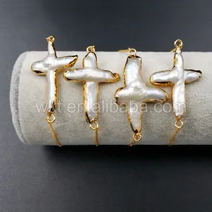 WT-B341 华丽的天然十字架珍珠链手镯，24k 真正的镀金手工珍珠链手镯为妇女