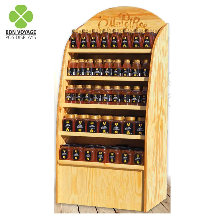 Retailers algemene merchandise natuurlijke houten vloeren display rack voor honing