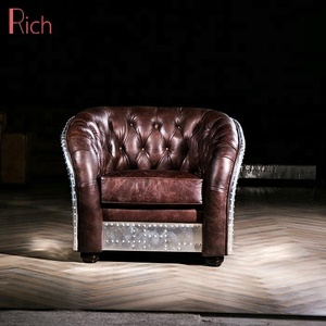 Poltrona Singola Retrò Industriale Classica Americana in Pelle Vintage con Bottoni e Trapuntatura Profonda, <span class=keywords><strong>Divano</strong></span> in Alluminio - Product Image 5