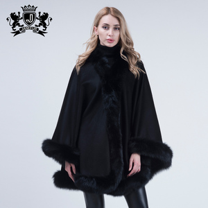 Popular Cashmere Cape Real fox Fur <strong>Women</strong> Poncho Fur Trim <strong>Cloak</strong> - Product Image 2