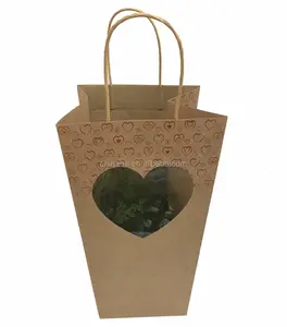 Saksı bitki çantası için pencere ile özel sevgililer çiçek kraft kağıt torba