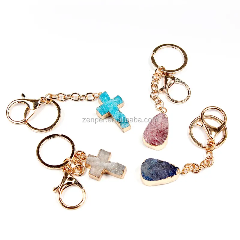 Charm cross key ring druzy crystal alloy pendant keychain natural stone rhinestone gemstone key chain