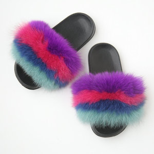 Multicolor toddler furry real fox rainbow fur slides/kids fluffy fur slides - Product Image 5