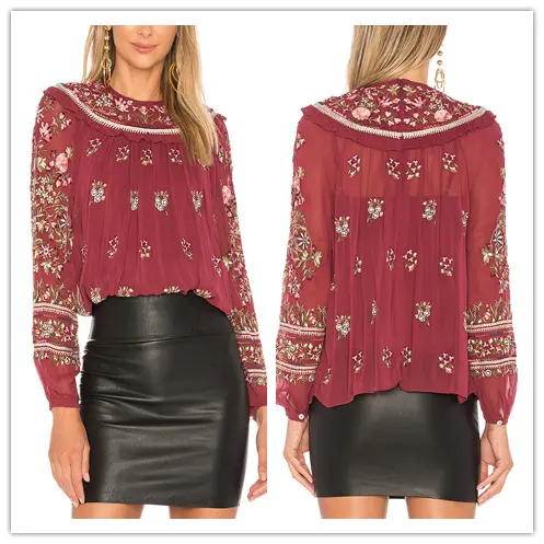 Sexy chicas extranjeras victoriana estilo Bohemia señoras Georgette Folk bordado túnica Tops para mujeres hsb2287