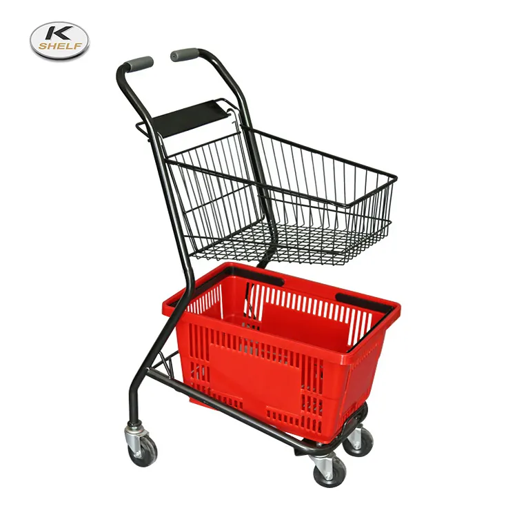 Chariot de supermarché d'occasion, Double panier, à 2 niveaux, pour les courses, vente en gros et au détail