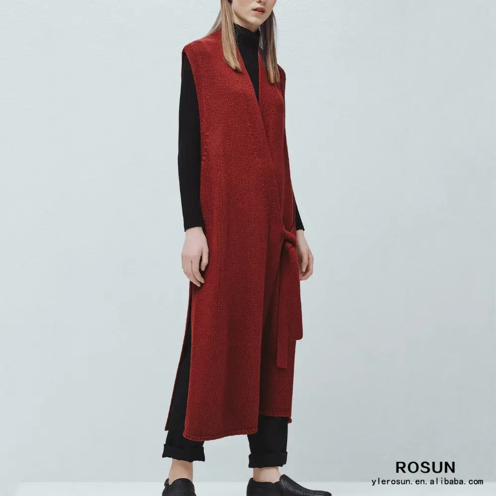 Nieuwe Collectie Rode Kleur Dames Mouwloos Breien Patroon Maxi Vest Met Side Slit Zoom