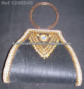 Lowellcraft Beaded Half <b>Moon</b> Satin Clutch with <b>Ring</b> Handle for Evening Party - Product Image 3