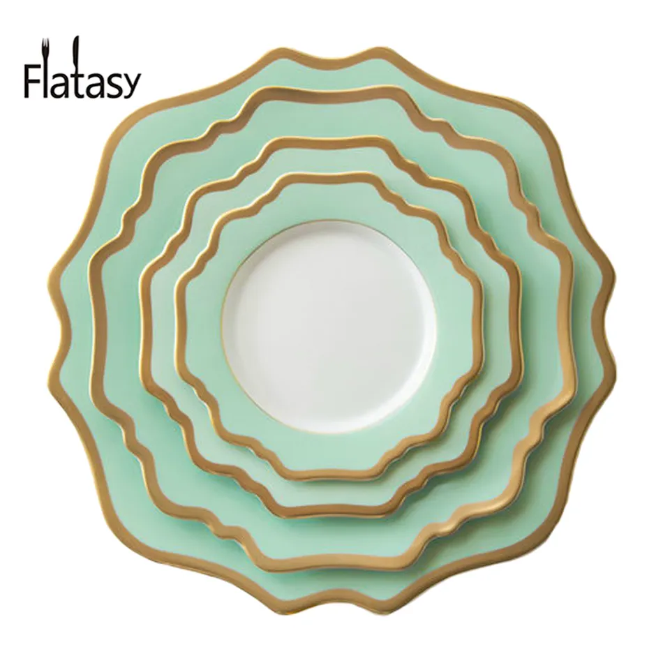 hot sale light green scalloped pattern 12k gold rim wedding porcelain charger plates
