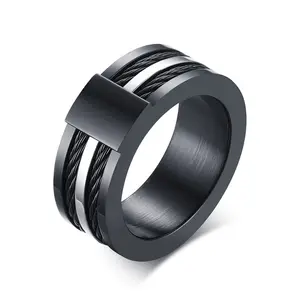 男士钢丝黑色戒指9MM宽男性派对不锈钢电缆戒指朋克摇滚戒指男士珠宝