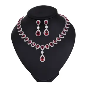 wedding pearl jewelry set AAA red Cubic zirconia Bridal pearl necklace set