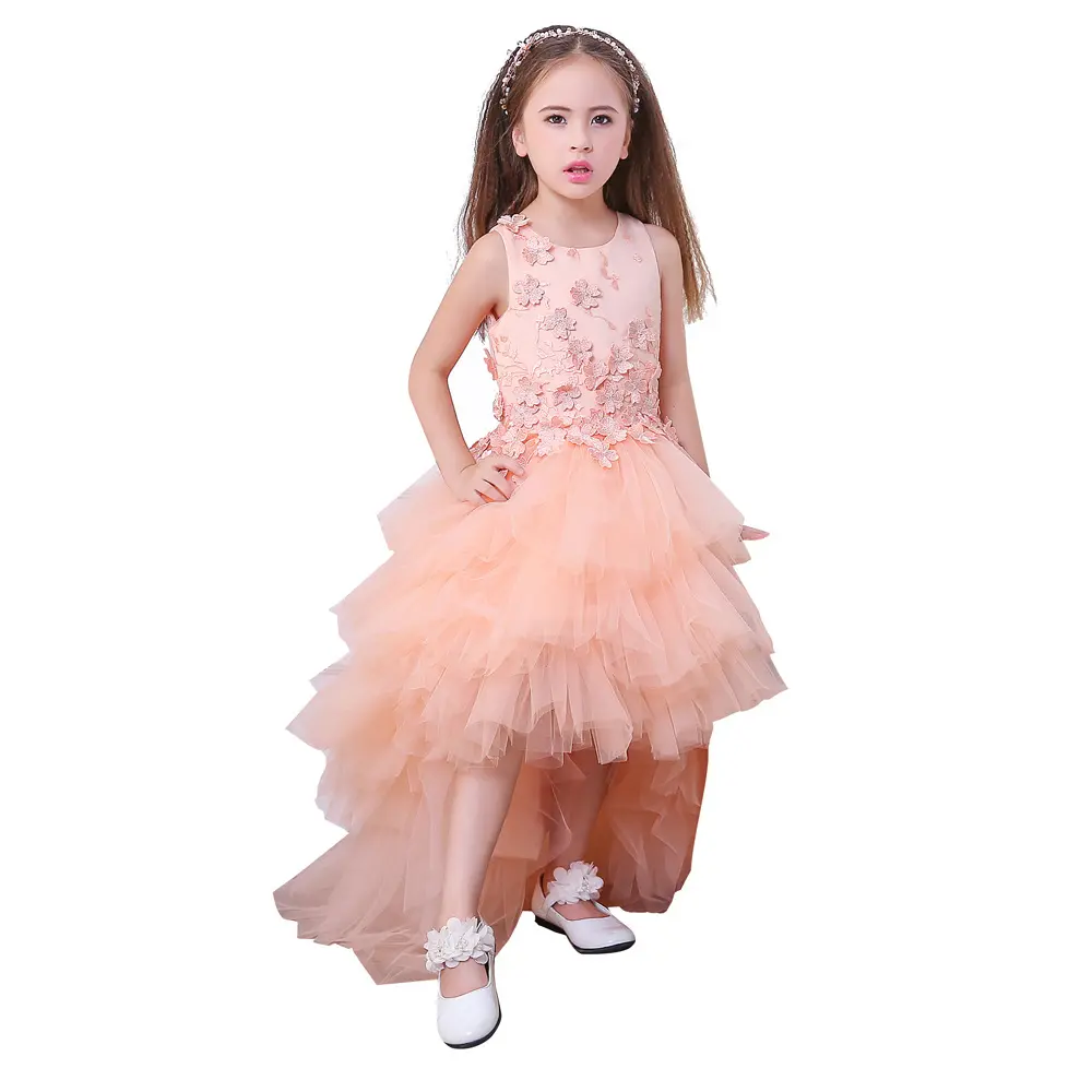 peach color kids girl long cocktail dress for 2-12 years