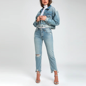 Blue <strong>Denim</strong> Washed Drop Shoulder Distressed Oversized <strong>Cropped</strong> <strong>Jacket</strong> Women - Product Image 4