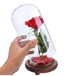 Série LED Rose rouge immortelle dans un dôme en verre Base en bois avec couvercle élégant Produit d'artisanat en verre - Product Image 4