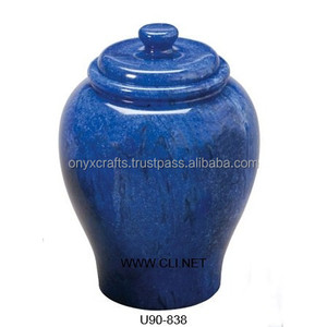 Urna de cremación para adultos de mármol azul real pulida respetuosa con el medio ambiente personalizable cenizas humanas recuerdo conmemorativo tono azul profundo - Product Image 1