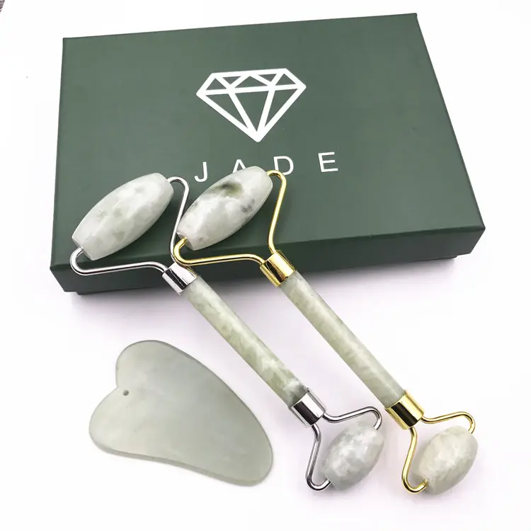 Jade RollerとGua Sha Scraping Massage Tool Antiアンチエイジング100% Natural Facial Jade Stone Set - Face Eye Neck Beauty Roller