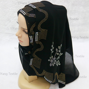 Custom High Quality Turkey Muslim Black Hijab Women Scarves Jersey Hijabs With Glitter Rhinestones