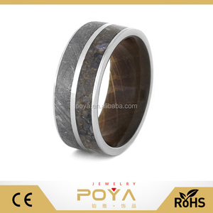 POYA Joyería 9mm de Ajuste cómodo de Titanio del Hueso de Dinosaurio, gabaón Meteorito, Incrustaciones de Madera de Roble Barril de whisky Wedding Band Anillos - Product Image 1