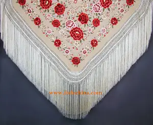BeigeマルチMantonデManila手刺繍純粋なシルクスペインフラメンコショール100% 純粋な絹