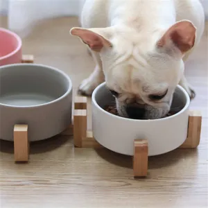 Cvnc — support en bambou pour animaux domestiques, bol en porcelaine de couleur mate pour chiens et chats, aliments et eau personnalisés