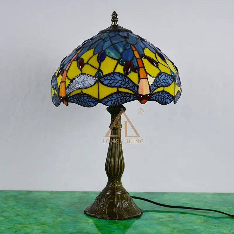 Longhuijing лампа Тиффани столешница с витражными стеклами прикроватная лампа для гостиной, спальни, синий, желтый Стрекоза Стиль 12 дюймов лампы