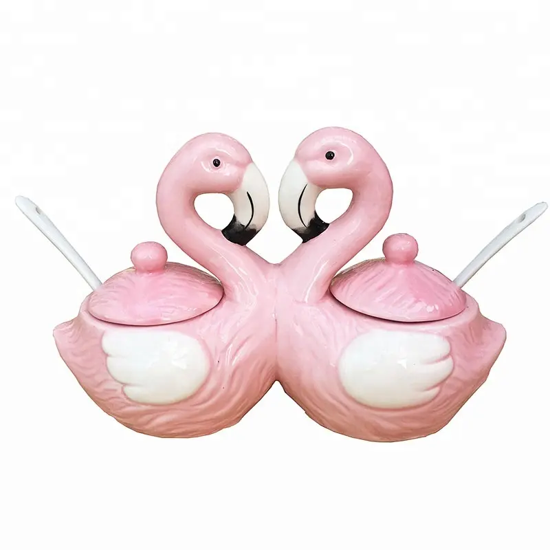 Pink Love Birds Set Toples Bumbu Flamingo Keramik dengan Tutup