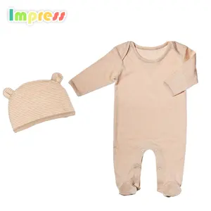 Long sleeve unisex baby wear clothes 100%cotton plain baby romper set with hat