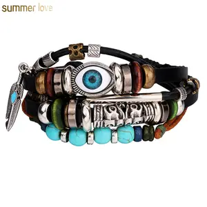 New Fashion Multilayer Turkey Blue Eyes Beaded Braided Alloy Hand leather Bracelets For Men and Women Lucky Wholesale Jewelry