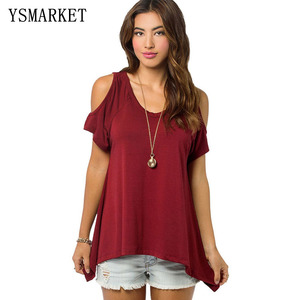 Cộng Với Kích Thước XXL Mùa Hè Sexy Ngắn Tay Áo Tắt Vai Áo Cánh TEE <span class=keywords><strong>Tops</strong></span> Phụ Nữ Phụ Nữ Giản Dị HEM Không Thường Xuyên Áo Sơ Mi Áo Sơ Mi - Product Image 1