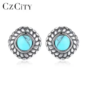 CZCITY Blue Stone Setting Black Plating Stud Earring Geometric Shape 925 Silver Needle Turquoise Earrings
