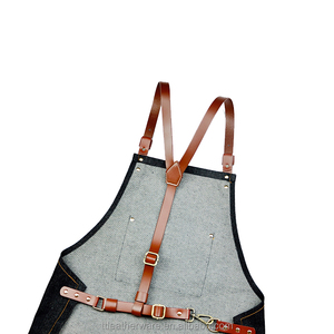 <b>Black</b> Denim Barber Kitchen <b>Apron</b> with Genuine Leather Strap - Product Image 4