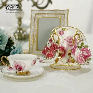 Fine bone china decorative wholesale floral tea cups and saucers with popular design