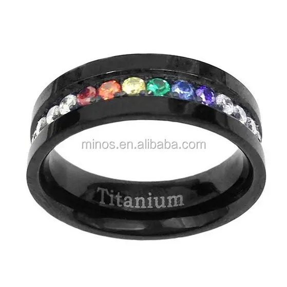 China Homosexuell frei, 6mm Unisex Titan schwarzer Ring runder Regenbogen klar Zirkonia Verlobung Hochzeit Ewigkeit Band