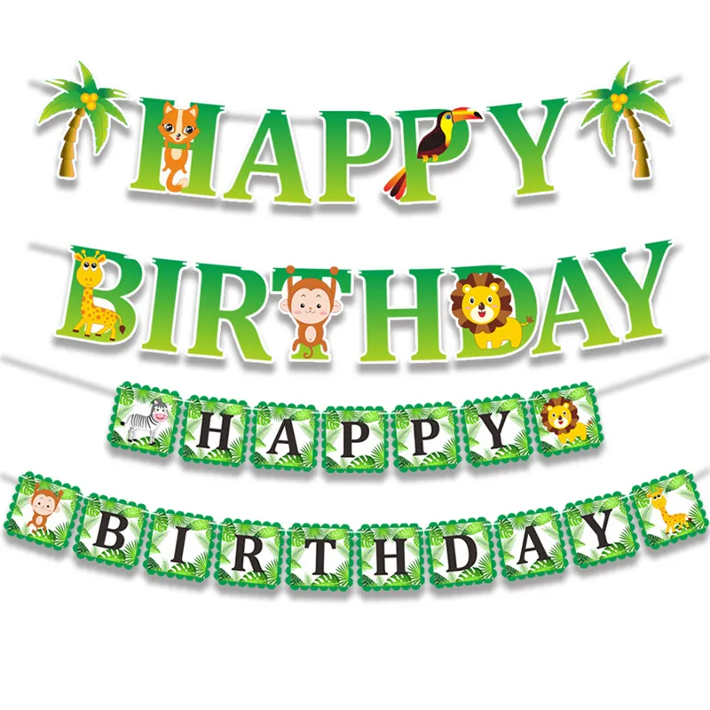 Jungle Animals Leaves Happy Birthday Banner for Woodland Garland Forest Themed Party Decoration