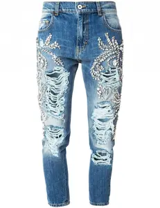 Royal wolf denim jeans manufacturer blue handmade stone custom by hand rhinestone distressed embellished jeans