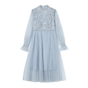 Abito primaverile a maniche lunghe da <span class=keywords><strong>donna</strong></span> con cuciture in pizzo con motivo a tinta unita stile Casual lungo fino al pavimento per il temperamento femminile - Product Image 1