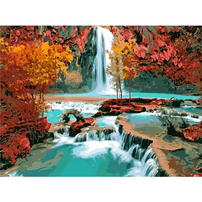 数字による秋の油絵キャンバスの自然の風景の滝ホテルの壁の装飾のための数字によるハンドペイント