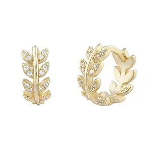 Gemnel recycled sterling silver women jewelry 18k gold diamond leaf huggie hoop earrings