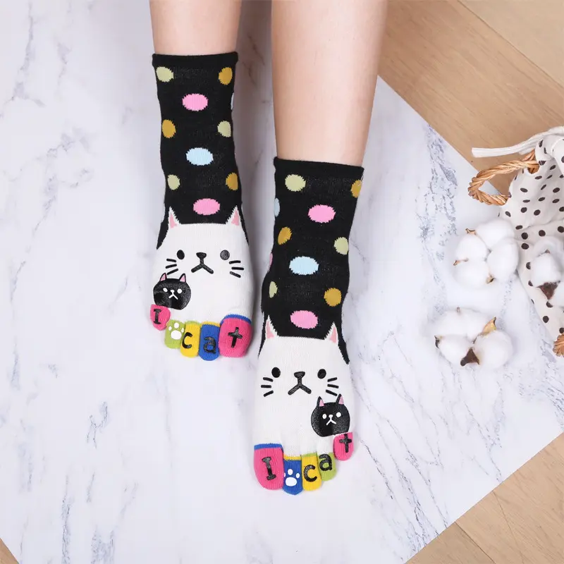 Women Girls Dot Toe Socks Five Finger Cotton Casual Cat Socks