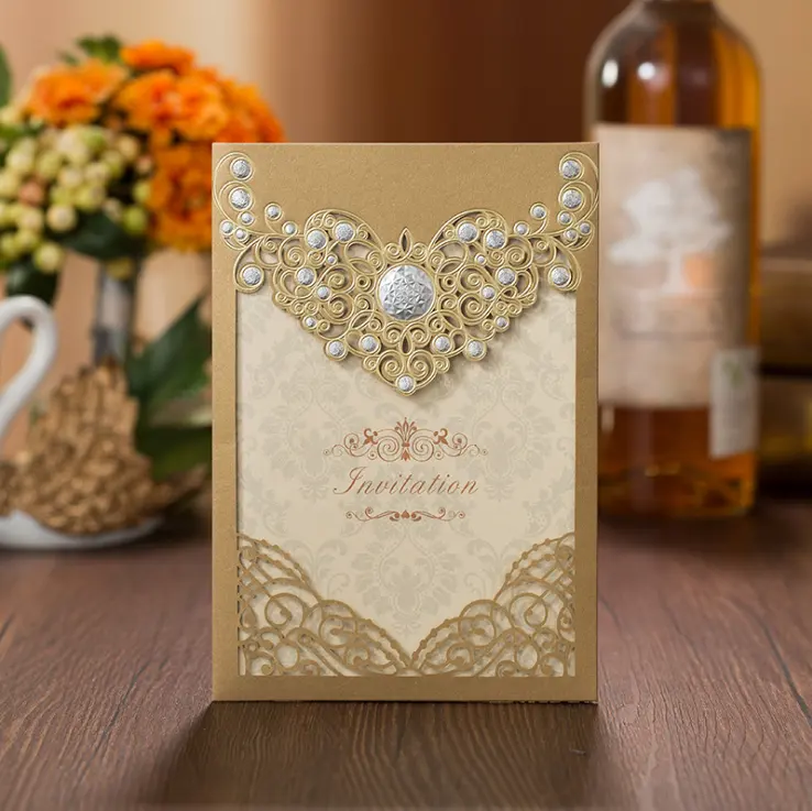 Totalmente surtido estampado en caliente corte láser invitaciones de boda oro champán elegante tarjetas de invitación de boda