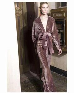 A2701 OEM velluto 2024 alta qualità profondo scollo a V con cintura di celebrità donna manica lunga lusso Sexy plissettato <span class=keywords><strong>tuta</strong></span> lunga allentata - Product Image 3