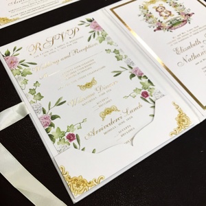 Top Class Hardboard Floral พิมพ์แสตมป์การ์ดเชิญงานแต่งงานกับโบว์ริบบิ้น - Product Image 2