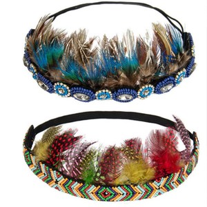 Feather Crown Headband Colorful Beads Headwrap Showgirl Carnival Party Headdress